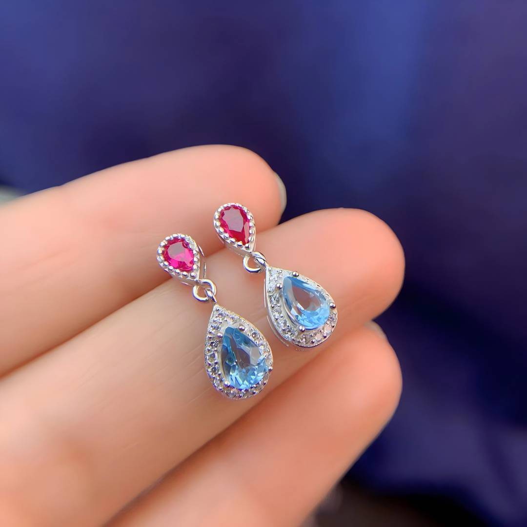 Double Water Drop Ruby Moonstone S925 Silver Earrings