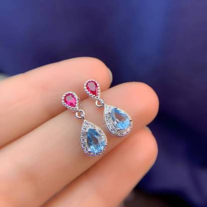 Double Water Drop Ruby Moonstone S925 Silver Earrings