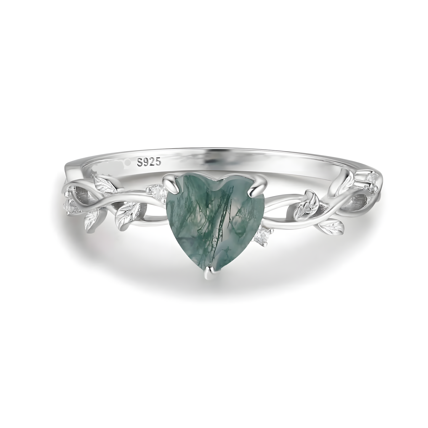 Heart Moss Agate S925 Silver Ring Twigs Leaves Design