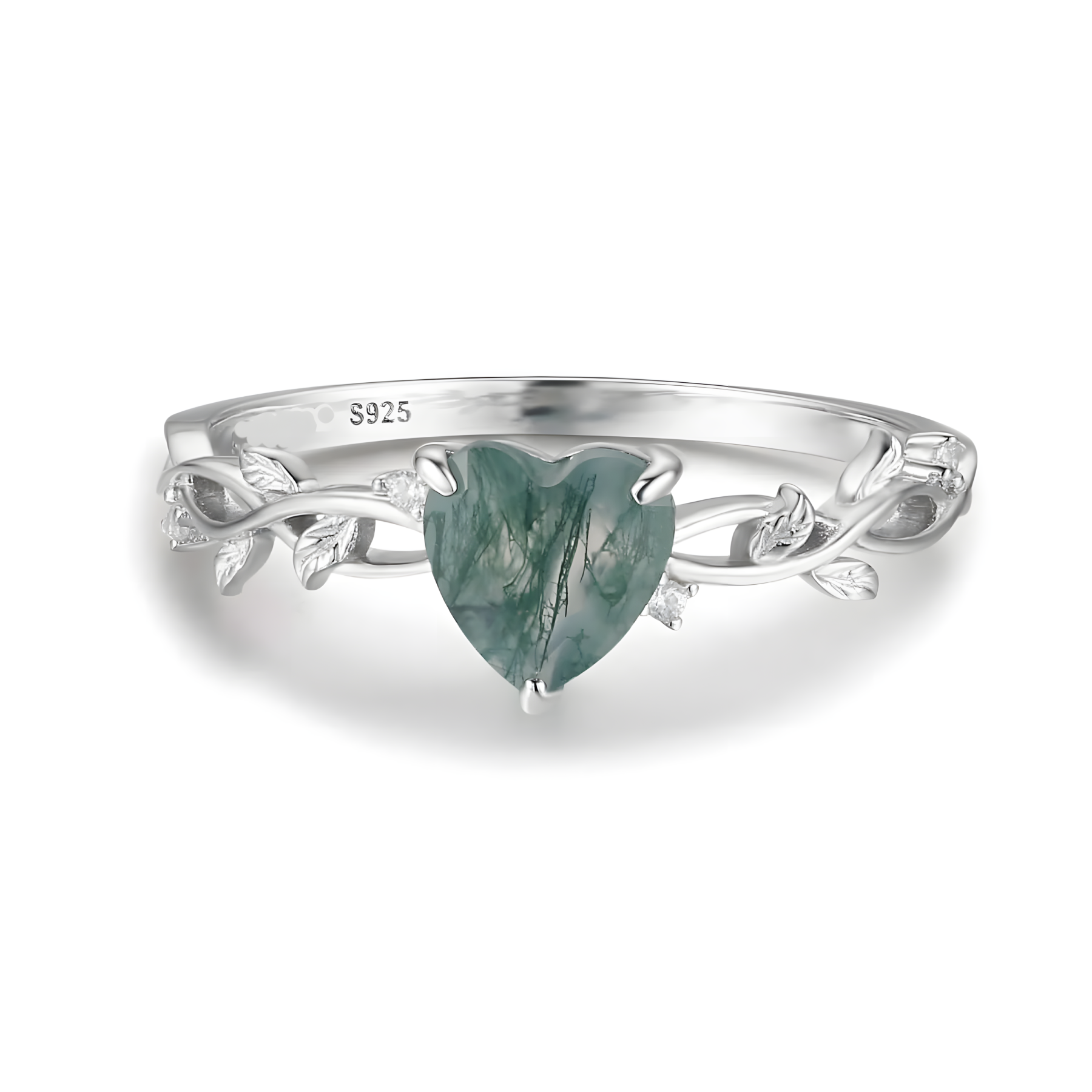 Heart Moss Agate S925 Silver Ring Twigs Leaves Design