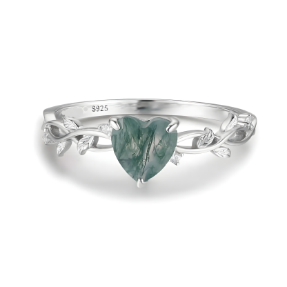 Heart Moss Agate S925 Silver Ring Twigs Leaves Design
