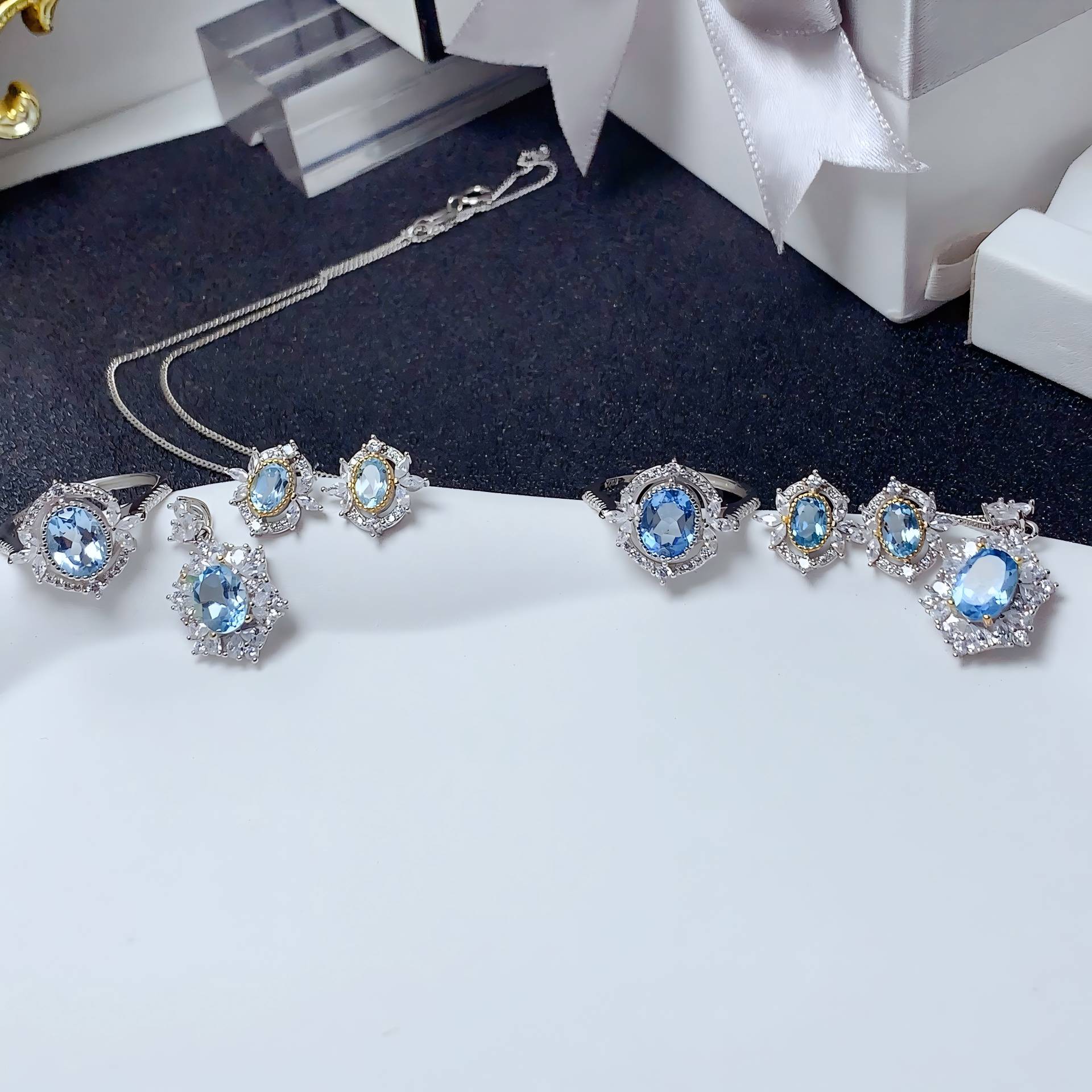 Mirror Flower Blue Topaz S925 Silver Ring / Earring / Pendent / Necklace Natural Crystal Set