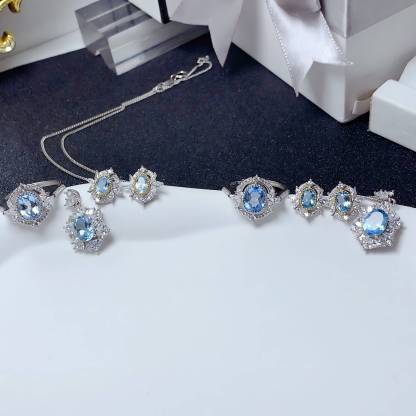 Mirror Flower Blue Topaz S925 Silver Ring / Earring / Pendent / Necklace Natural Crystal Set