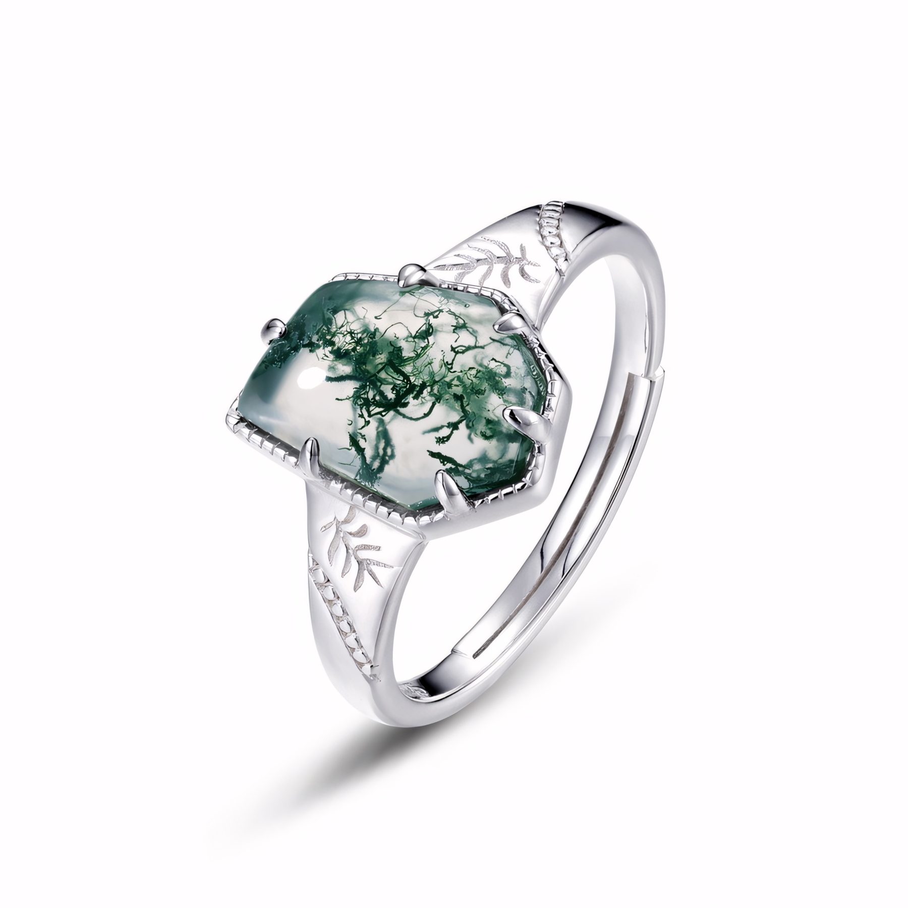 Geometric Irregular Shape Moss Agate Ring S925 Sterling Silver