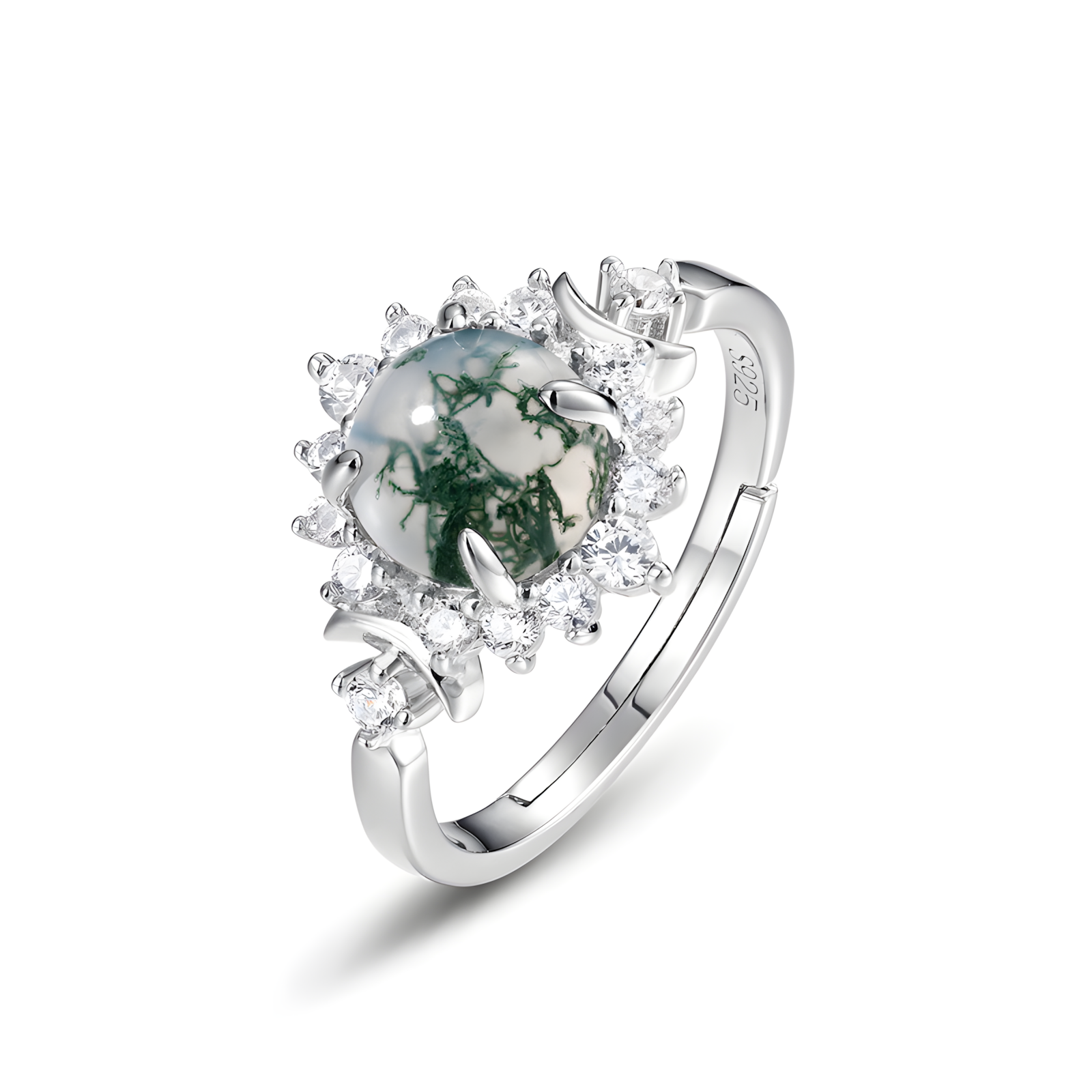 Round Moss Agate S925 Silver Ring Sunflower With Four Claws Design