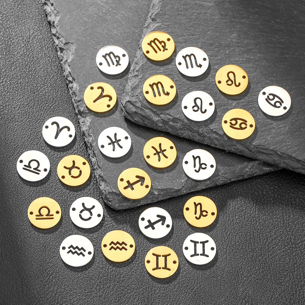 15mm Stainless Steel Constellation Pendant Double-Hole Hollow Round Bracelet Necklace