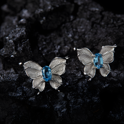 Faceted Oval Blue Topaz S925 Silver Ring Double Layer Three-dimensional Butterfly Design Natural Crystal Set