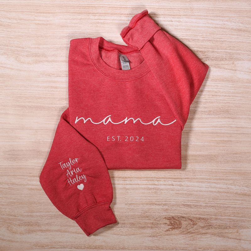 Custom Embroidered Mama Sweatshirt With Kids Names On Sleeve