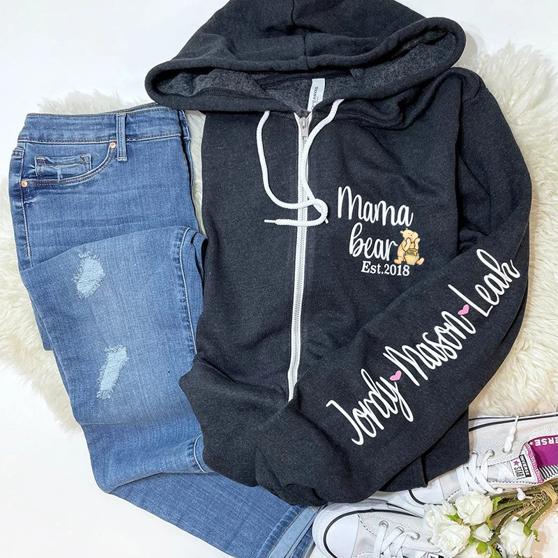 Mama Bear Zip Up Hoodie With Kids' Names, Personalized Handmade, Unique Gift