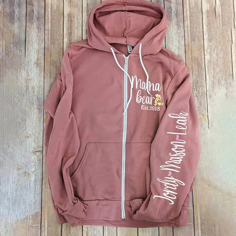 Mama Bear Zip Up Hoodie With Kids' Names, Personalized Handmade, Unique Gift