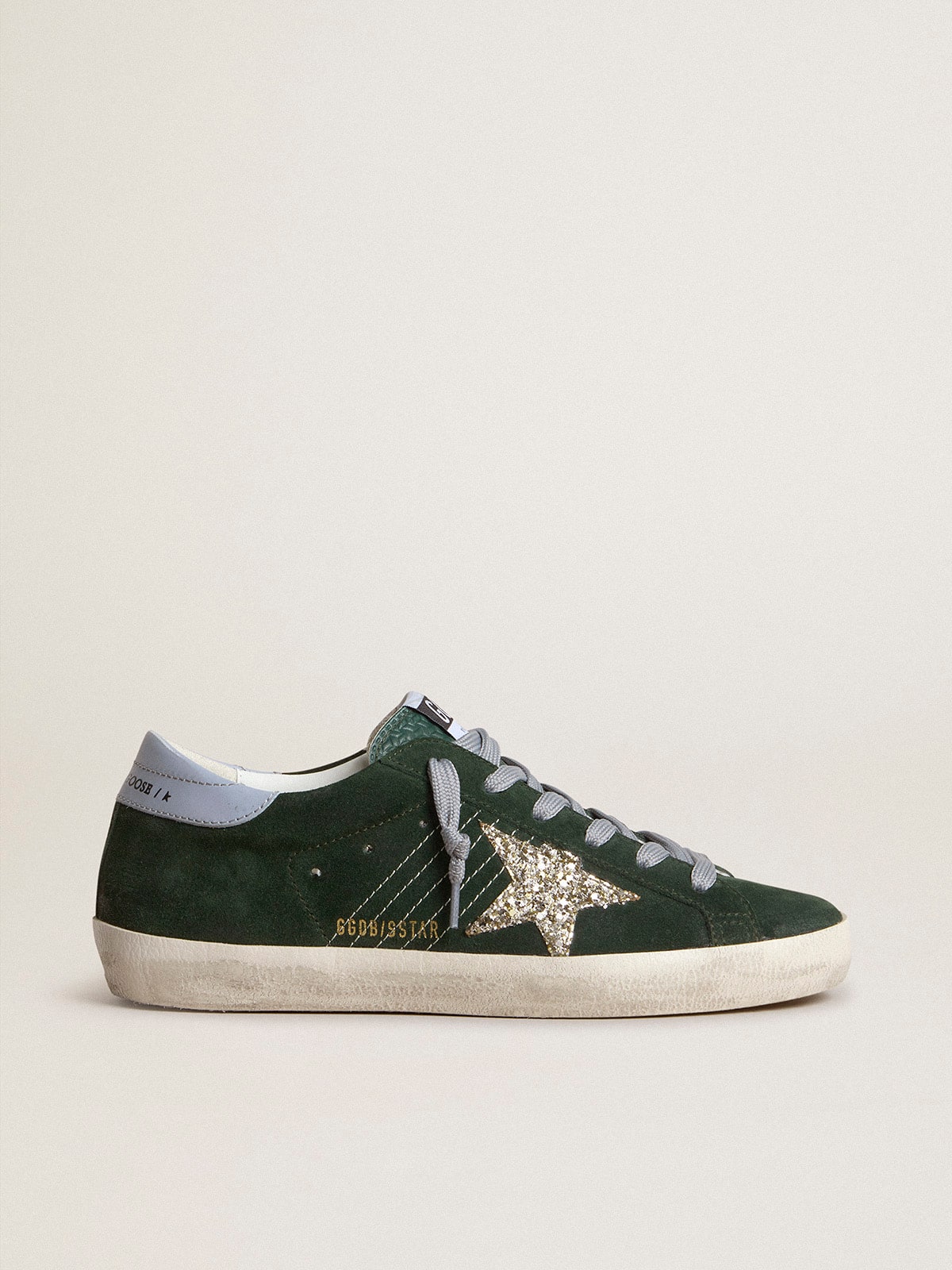 Sup-S in green suede, silver glitter star and leather heel tab