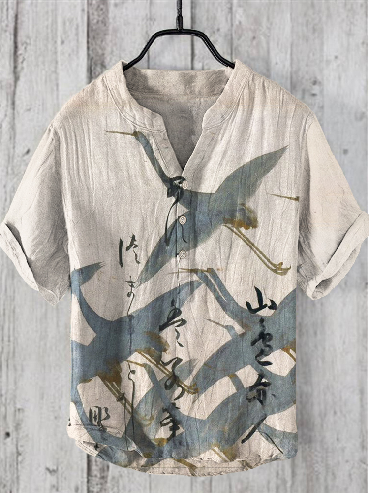 Idle Cloud Wild Crane Japanese Linen V-Neck Short Sleeve Shirt