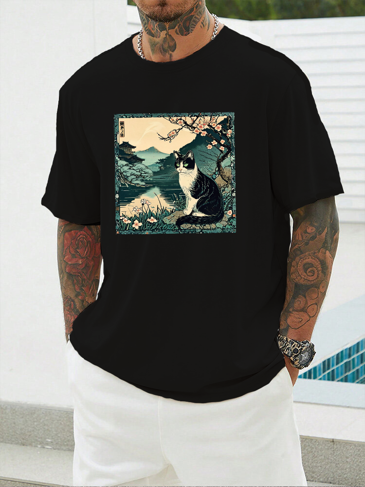 Men's Green Ukiyo-e Cat Printed Short Sleeve T-shirts|Craftycottontee|japanese streetwear