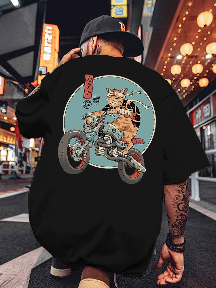 Cat Motorcyclist Printed Short Sleeve T-shirts|Craftycottontee|japanese streetwear