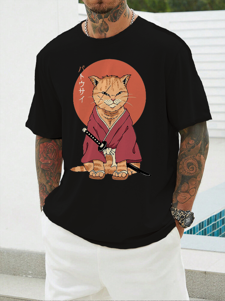 Cat Samurai Printed Short Sleeve T-shirts|Craftycottontee|japanese streetwear