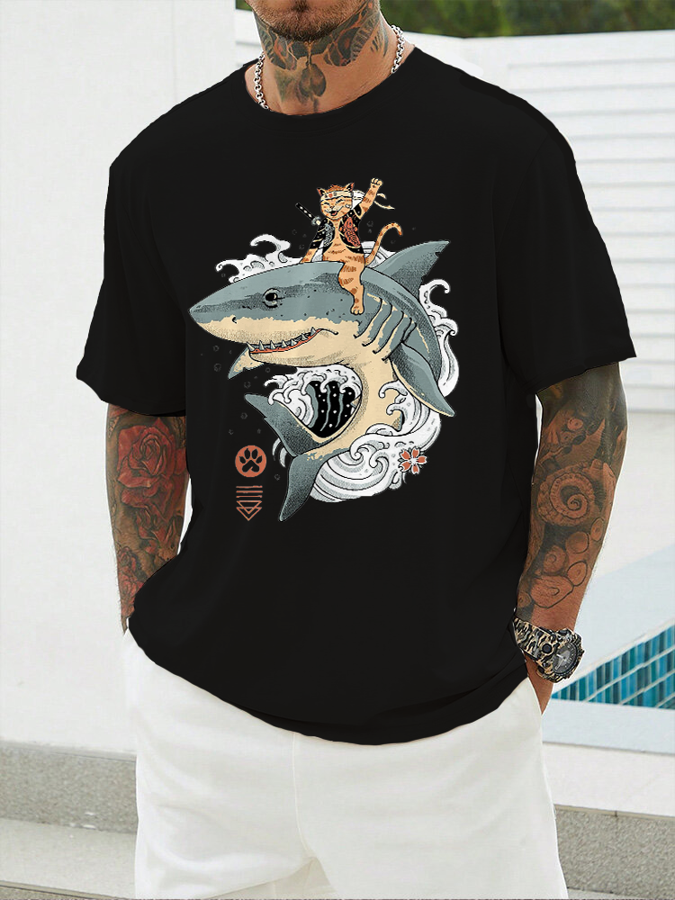 Shark Ride Printed Short Sleeve T-shirts|Craftycottontee|japanese streetwear