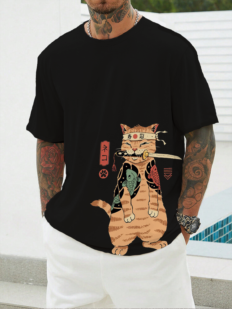 Orange Cat Samurai Printed Short Sleeve T-shirts|Craftycottontee|japanese streetwear