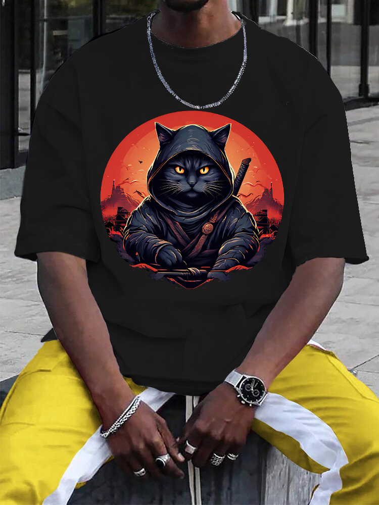 Black Cat Samurai Printed Short Sleeve T-shirts|Craftycottontee|japanese streetwear