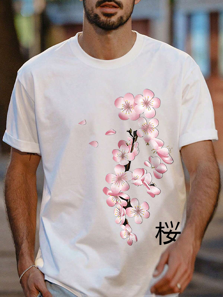 Japanese Cherry Blossom Printed Short Sleeve T-shirts|Craftycottontee|japanese streetwear