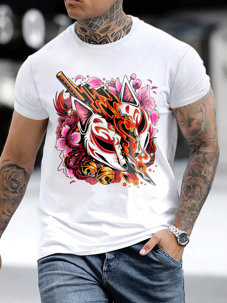 Fox Mask Printed Short Sleeve T-shirts|Craftycottontee|japanese streetwear