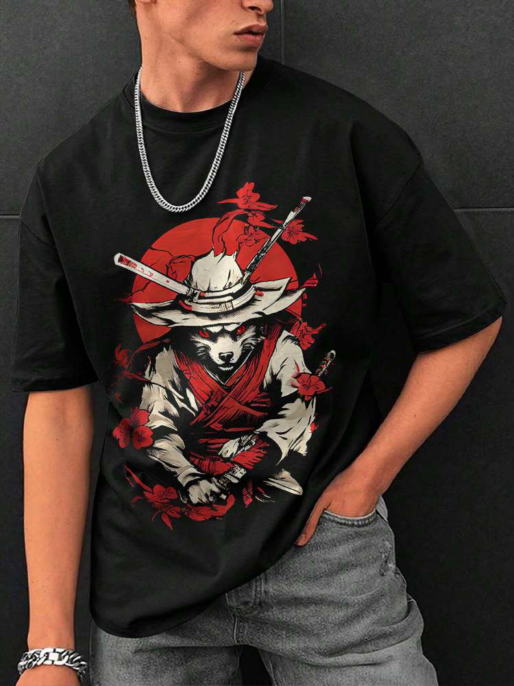 Ninja Japanese Cat Samurai Printed Short Sleeve T-shirts|Craftycottontee|japanese streetwear