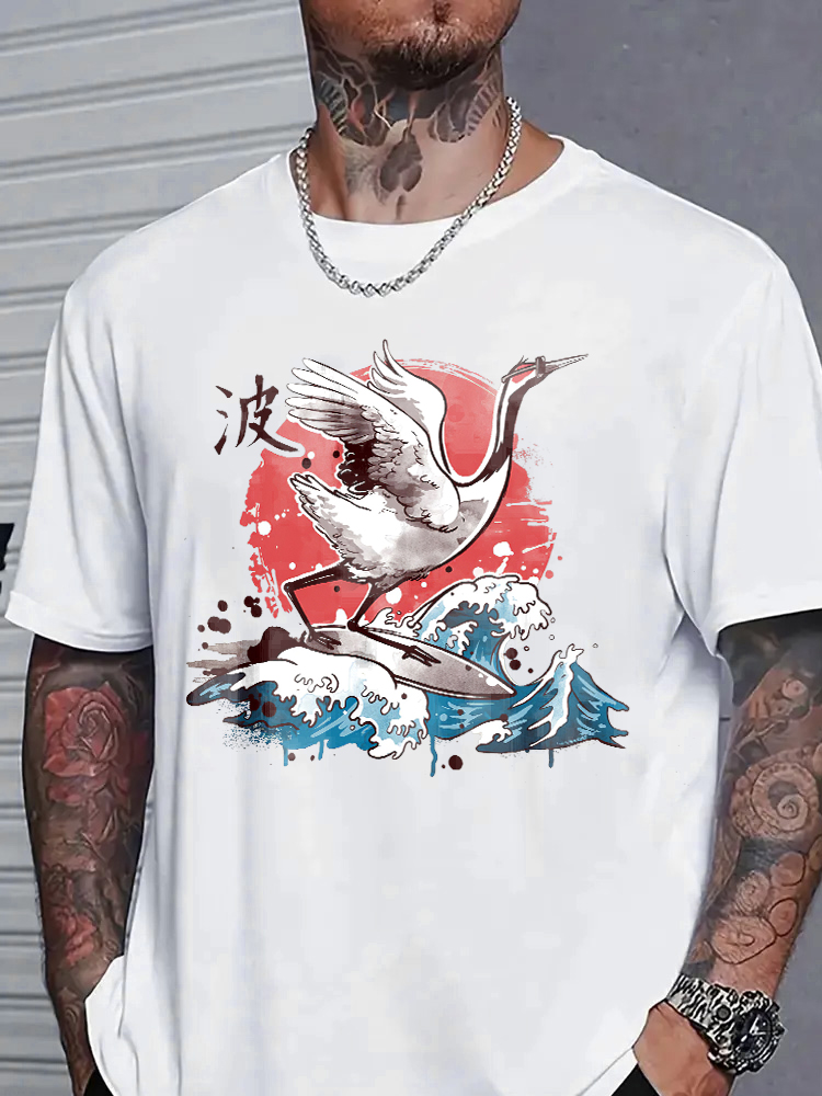 Crane Bird Surf Printed Short Sleeve T-shirts|Craftycottontee|japanese streetwear