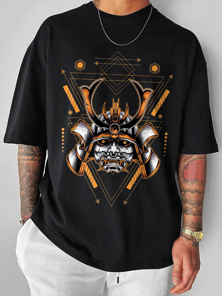 Geometric Ghost Samurai Head Printed Short Sleeve T-shirts|Craftycottontee|japanese streetwear