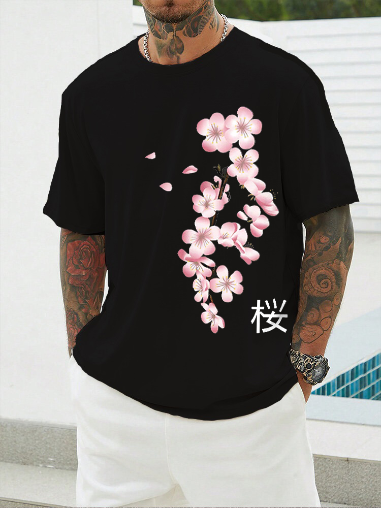 Japanese Cherry Blossom Printed Short Sleeve T-shirts|Craftycottontee|japanese streetwear