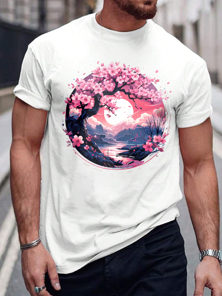 Japanese Cherry Blossoms Printed Short Sleeve T-shirts|Craftycottontee|japanese streetwear