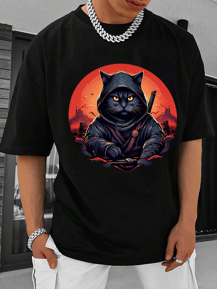 Black Cat Samurai Printed Short Sleeve T-shirts|Craftycottontee|japanese streetwear