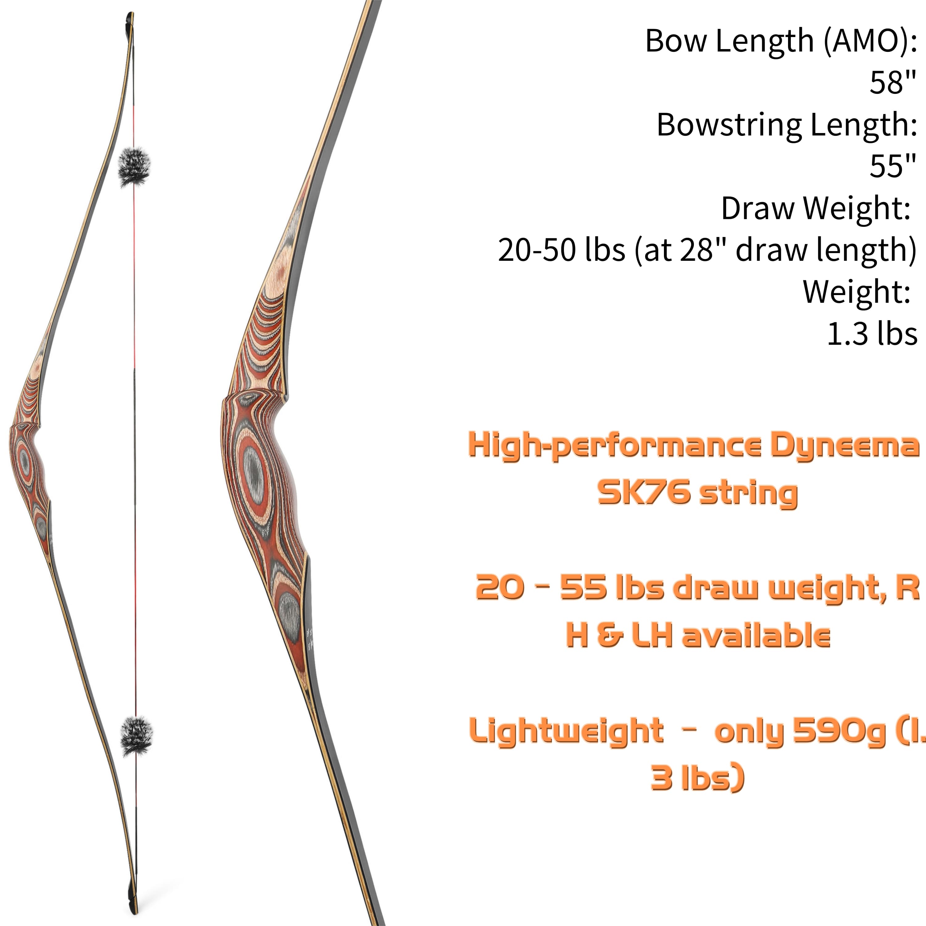 58'' Traditional Bow Hybrid Longbow Takedown 20-55lbs