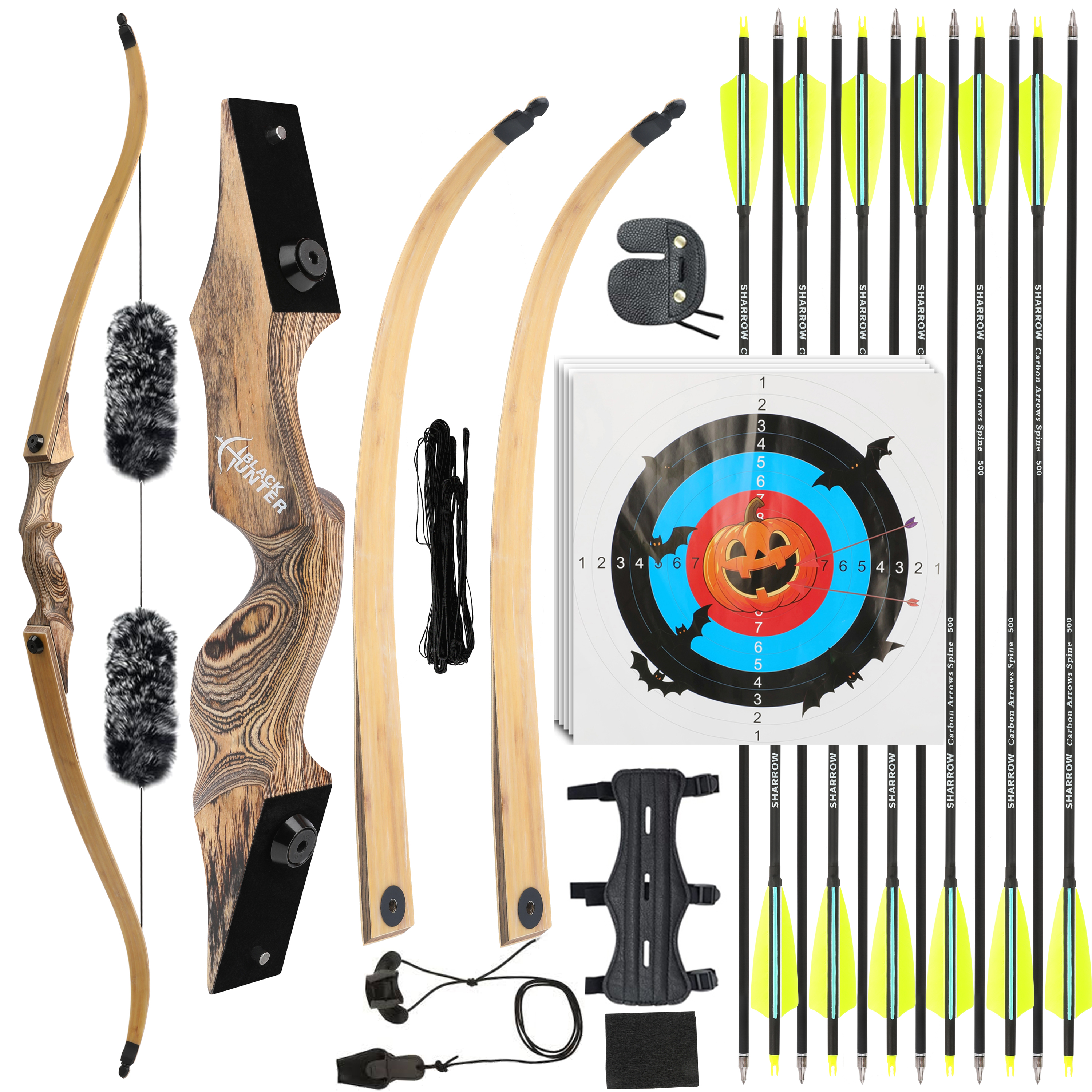 Black Hunter 20-60lbs Wooden Recurve Bow Kit 60inch