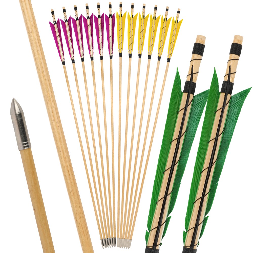 32" Wooden Arrow 5" turkey feathers & field points Traditional Archery