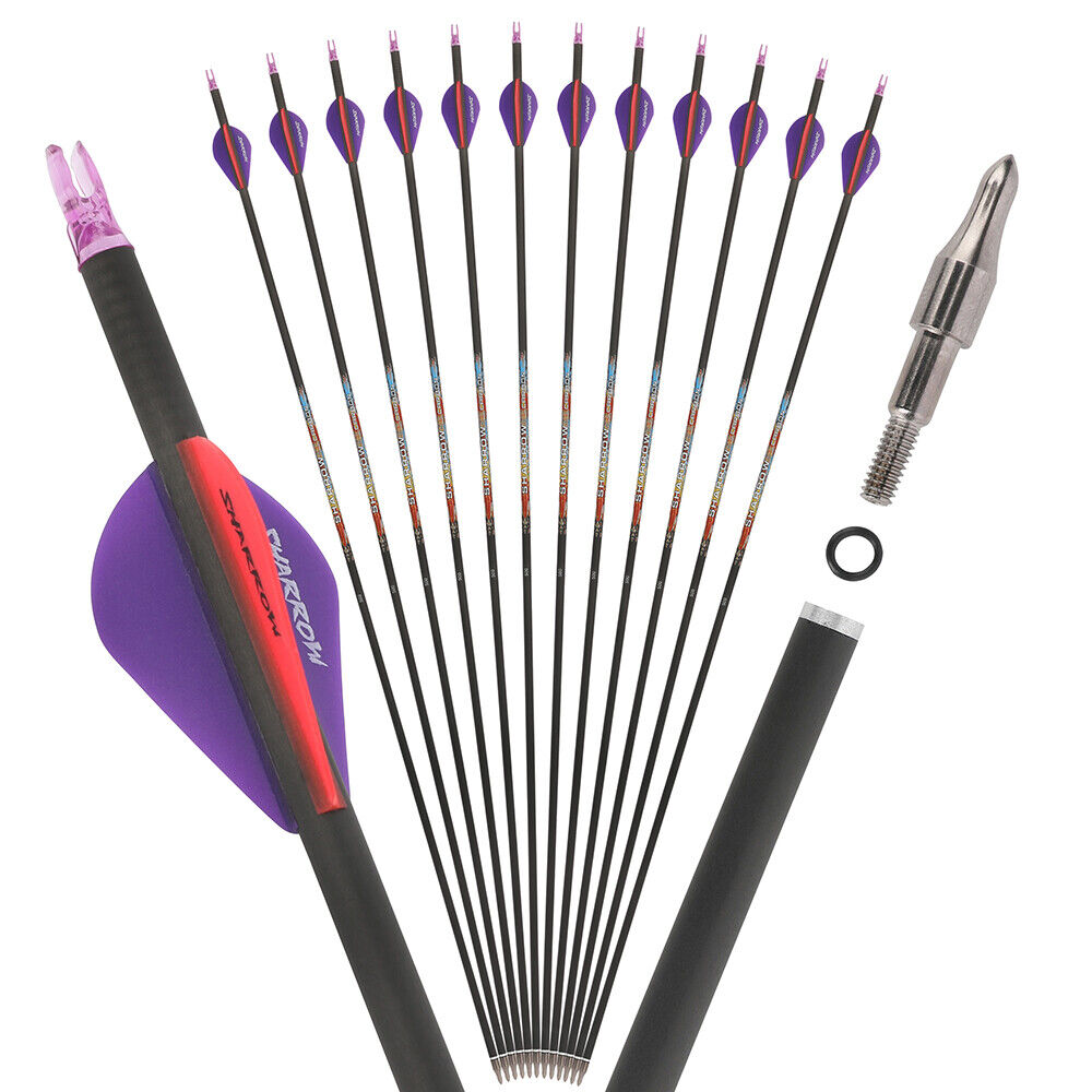 12pcs 31" Pure Carbon Arrows Archery SP250-600 Vanes Compoundbow Recurve Bow Hunting