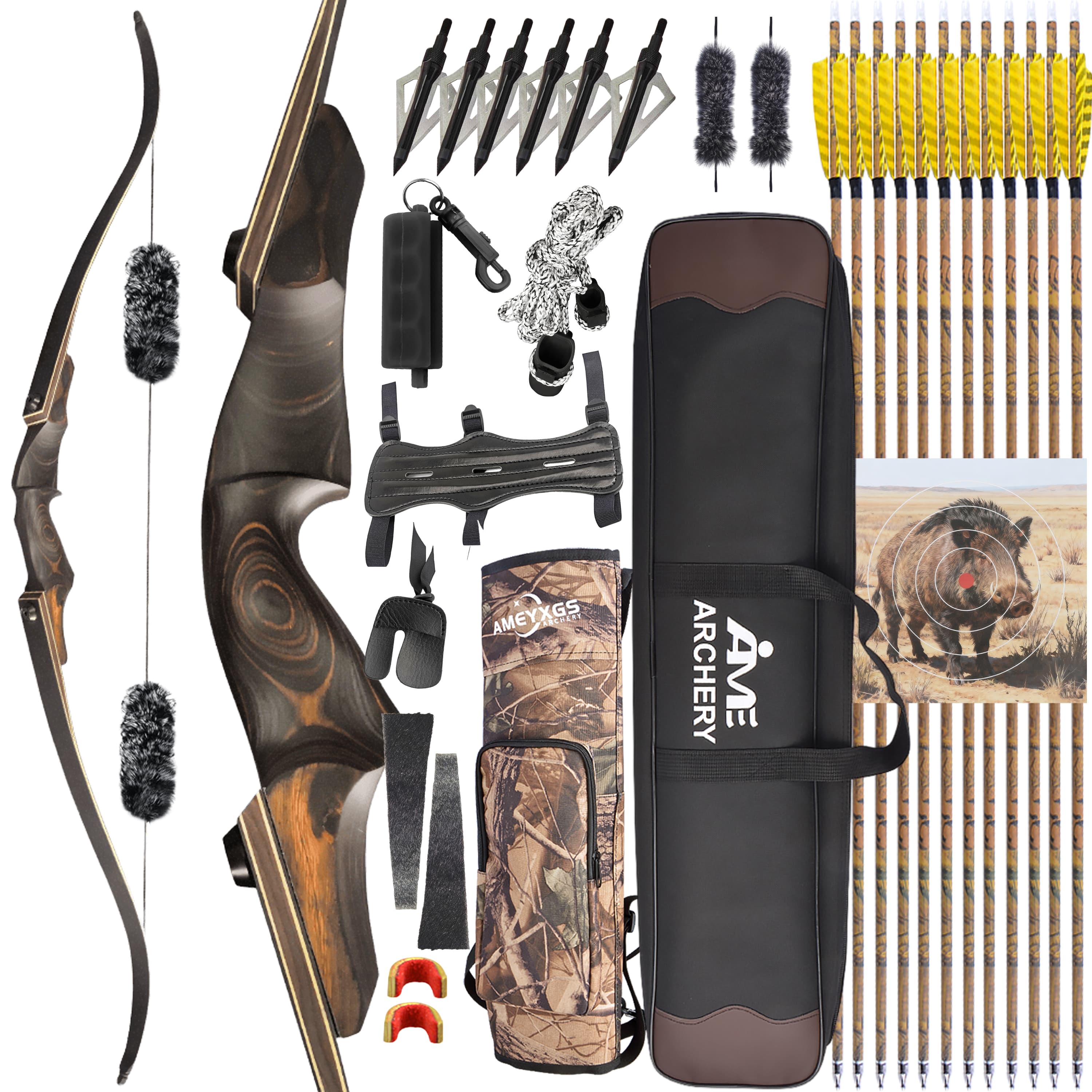 60" Recurve Bow Takedown Wooden Bow Hunting Shooting 25-60lbs