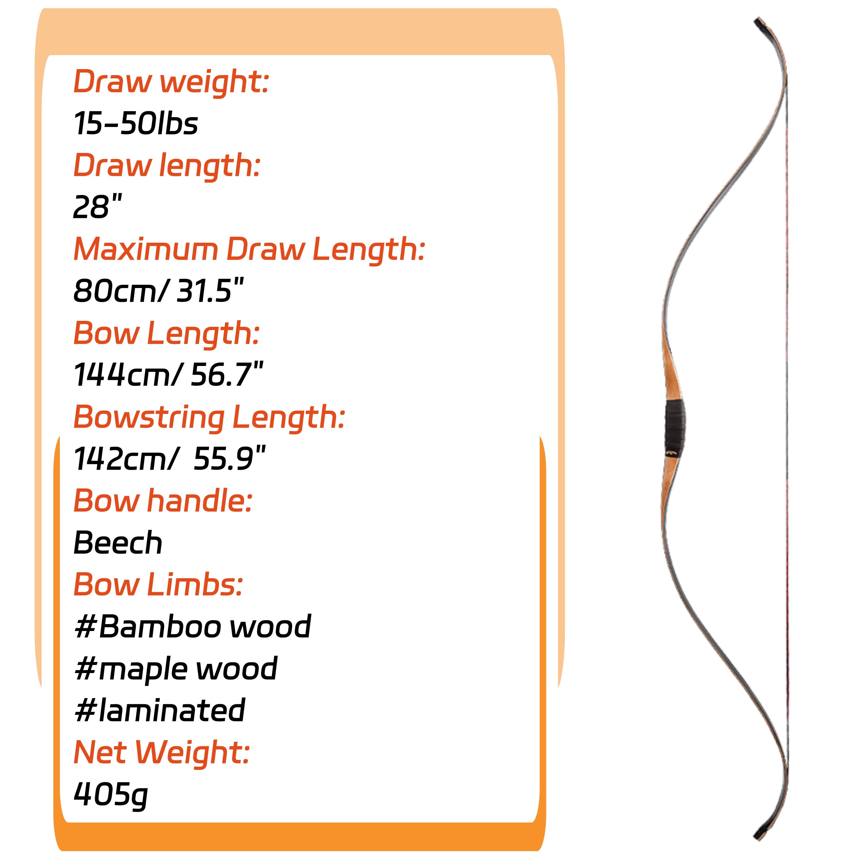 Traditional Bow Archery 15-50lbs Hunting Longbow