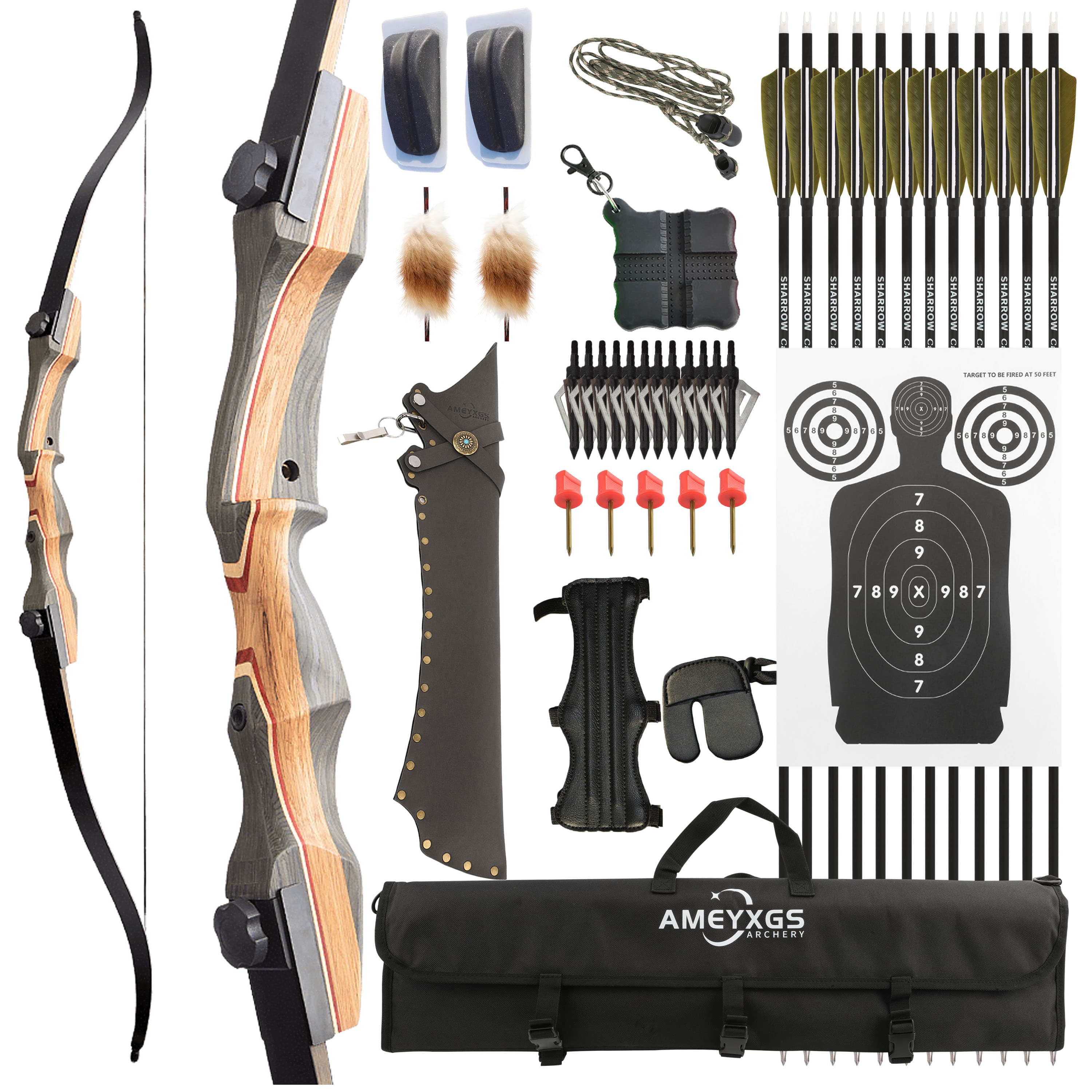 62" Recurve Bow Wooden 30-50lbs Takedown Archery Hunting