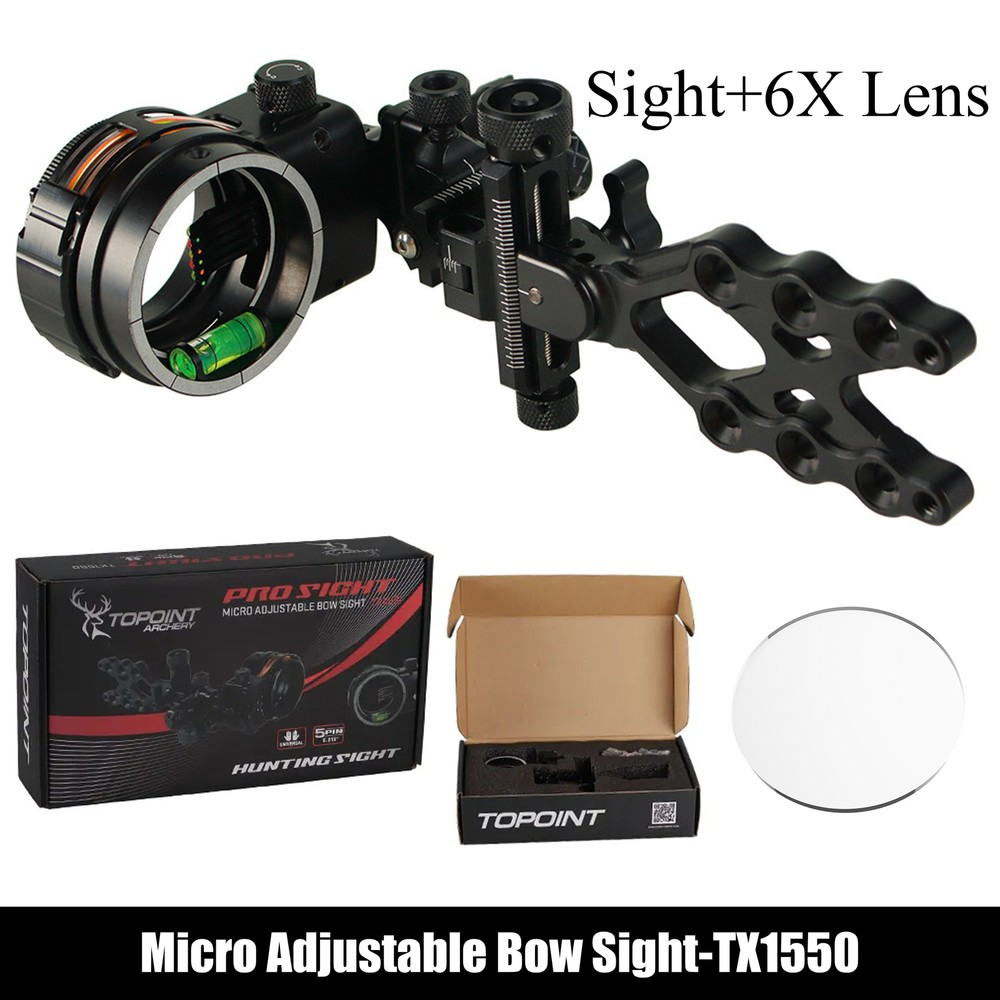 TX1550 Archery Bow Sight 4X 6X 8X Lens 5-Pin 0.019'' Optical Fiber Bow Hunting