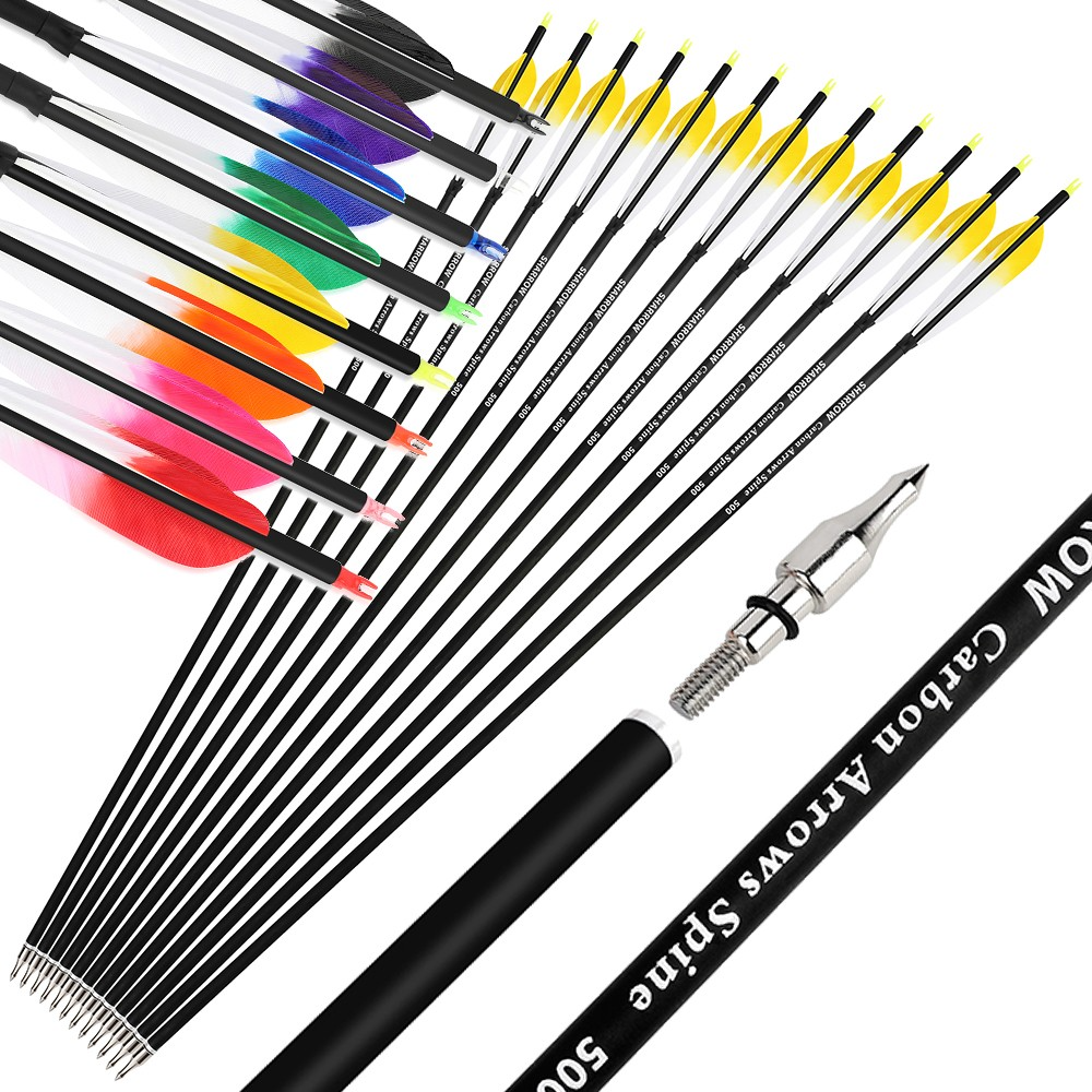 6pcs Archery Carbon Arrows Spine 500 with 5" Turkey Feathers
