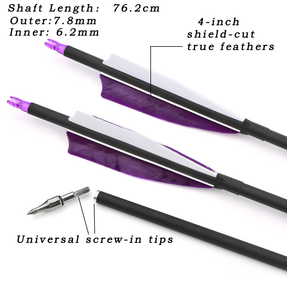 6/12pcs 4" True Feather Carbon Arrows 500 Spine for Recurve/Compound Bow