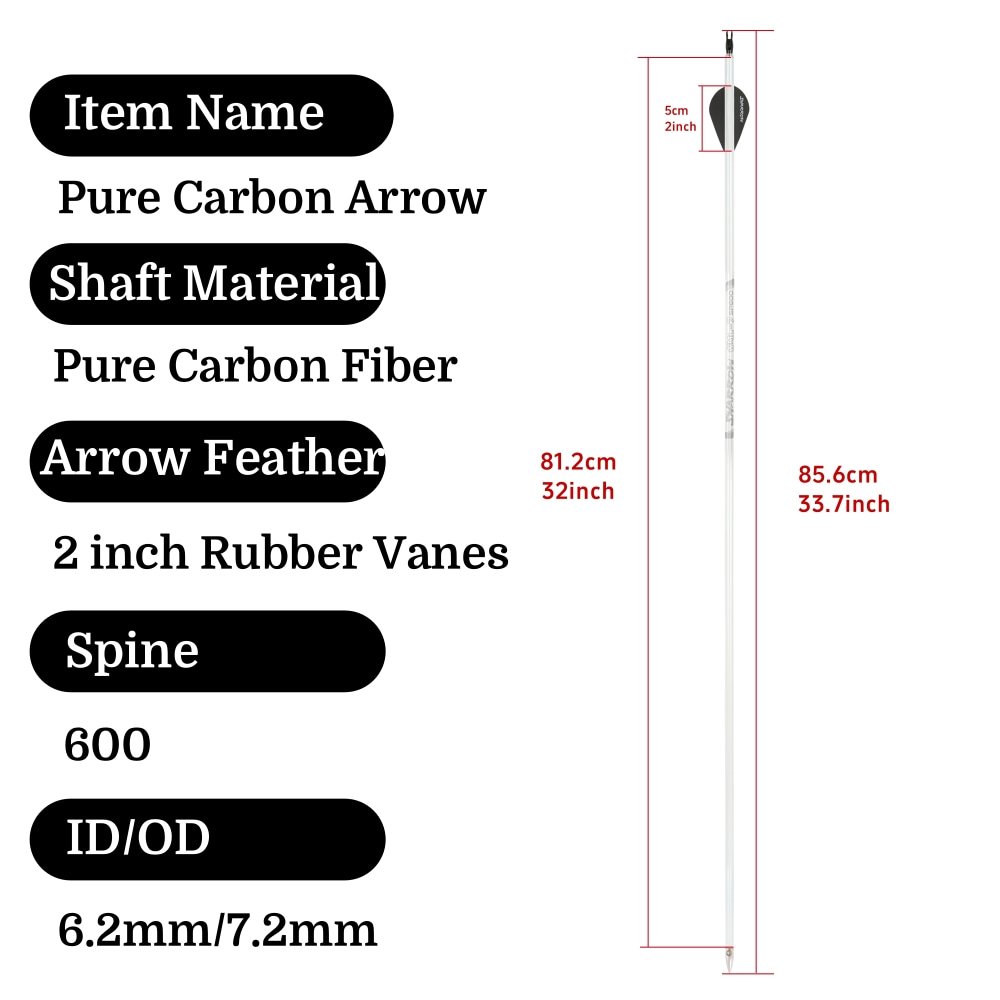 WML2 600 Spine 32inch Pure Carbon Arrows 2" Vanes Archery