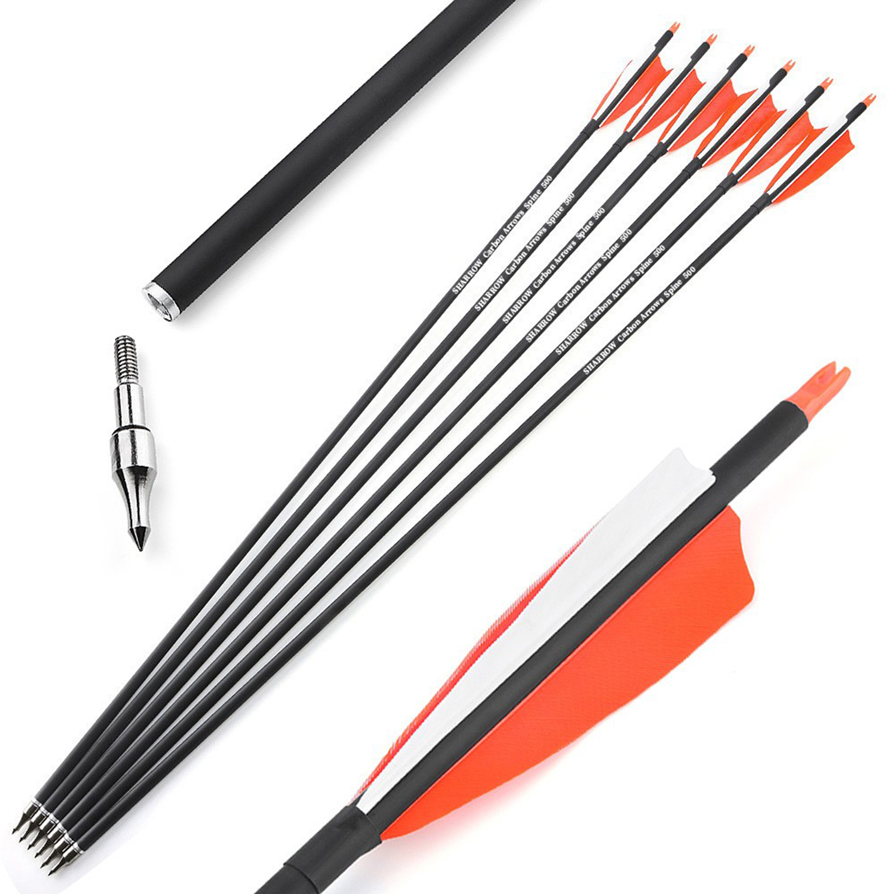 12pcs Carbon Arrows with 4-inch Feather Fletching
