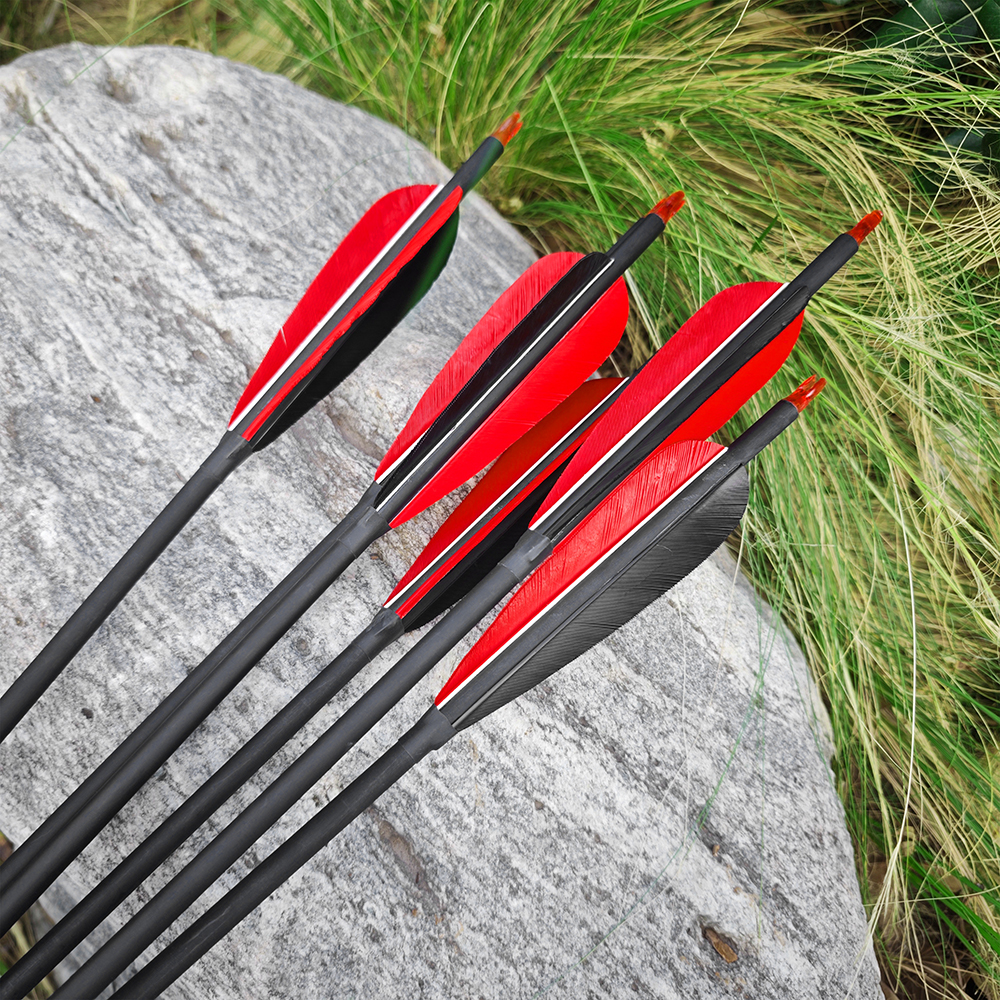 12 pcs 5" Real Feather Carbon Arrows 2 Red 1 Black 85cm Shaft Spine 500