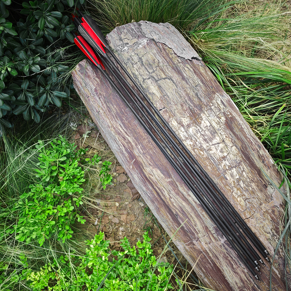 12 pcs 5" Real Feather Carbon Arrows 2 Red 1 Black 85cm Shaft Spine 500