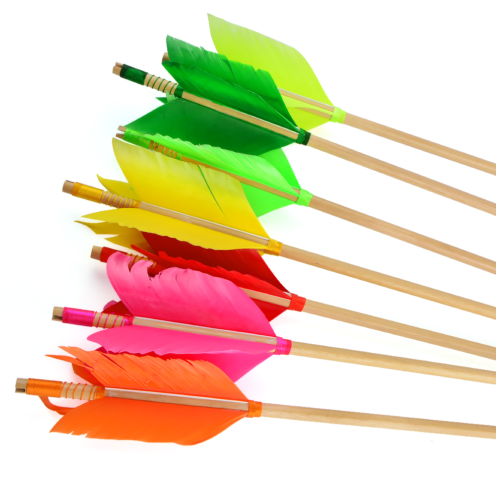 32" Indonesian White Wood Arrows with 4-Fletch Turkey Feathers (7-Color Set)