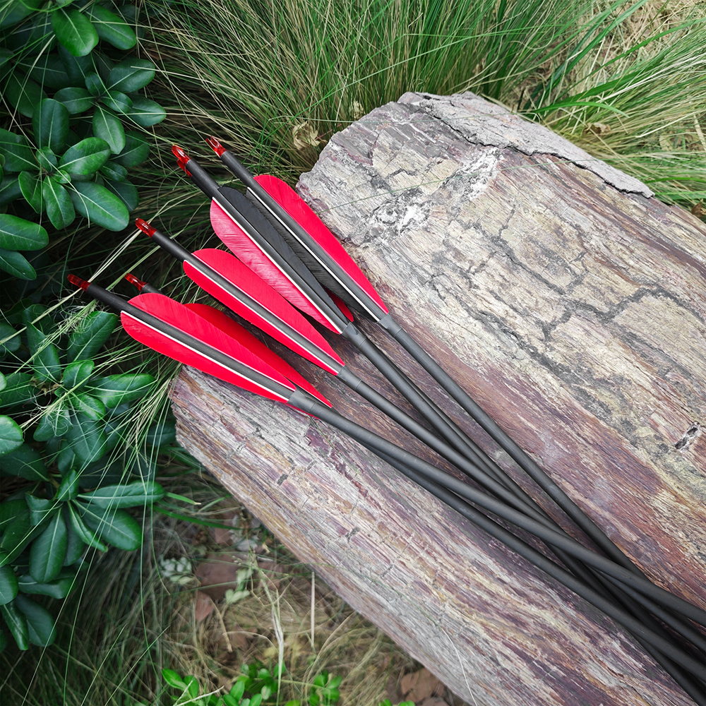 12 pcs 5" Real Feather Carbon Arrows 2 Red 1 Black 85cm Shaft Spine 500