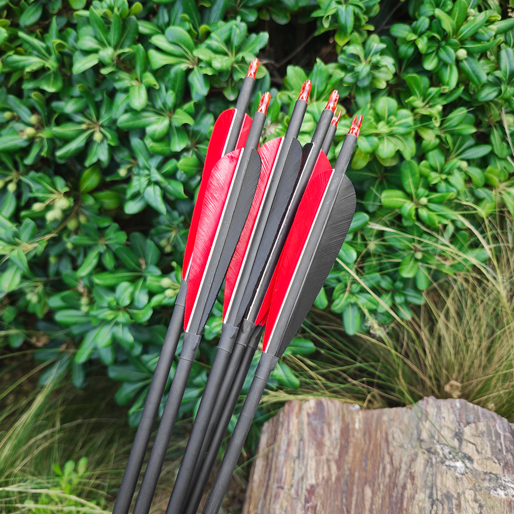 12 pcs 5" Real Feather Carbon Arrows 2 Red 1 Black 85cm Shaft Spine 500
