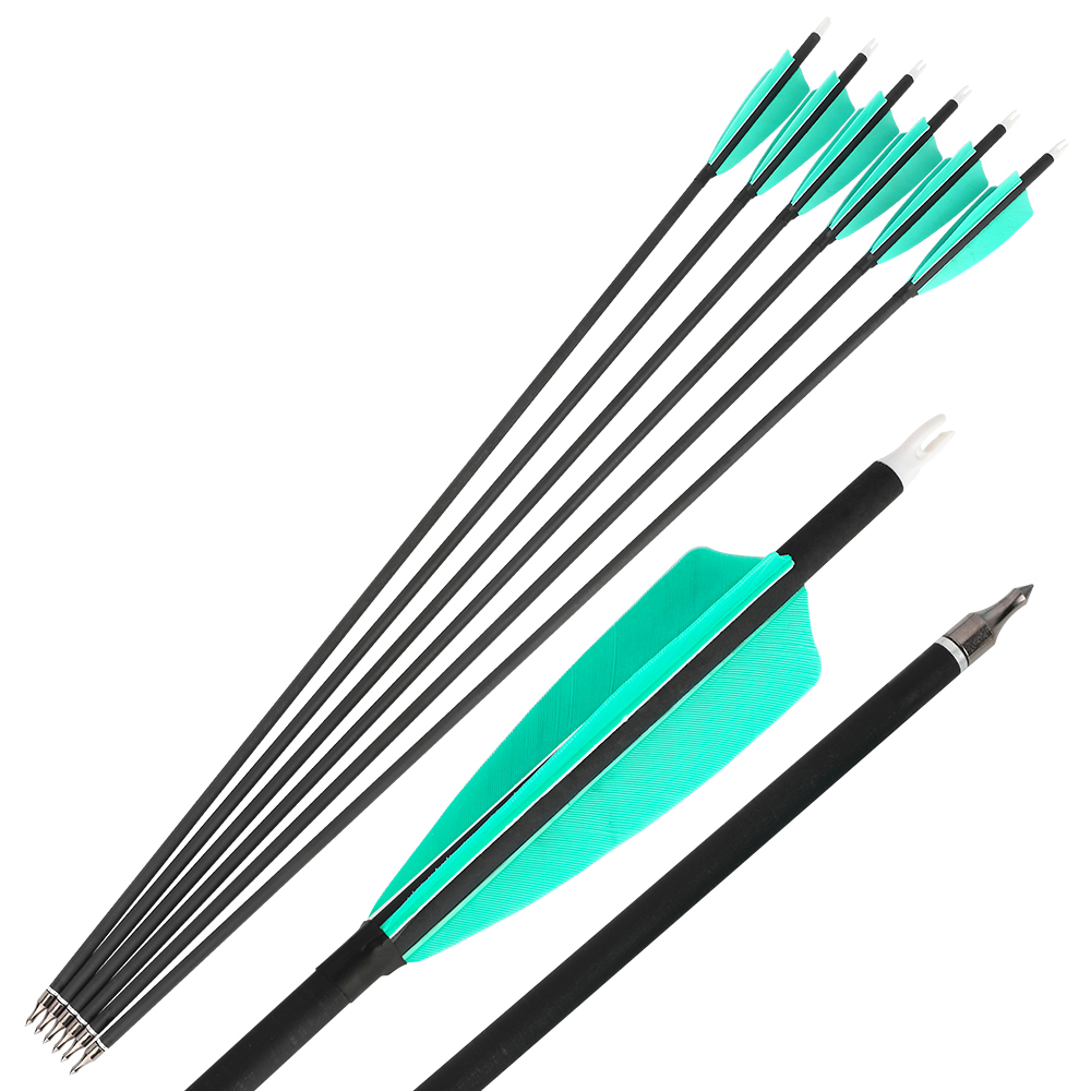500F 30" Aqua/White Feather Carbon Arrows 12pcs 100gr