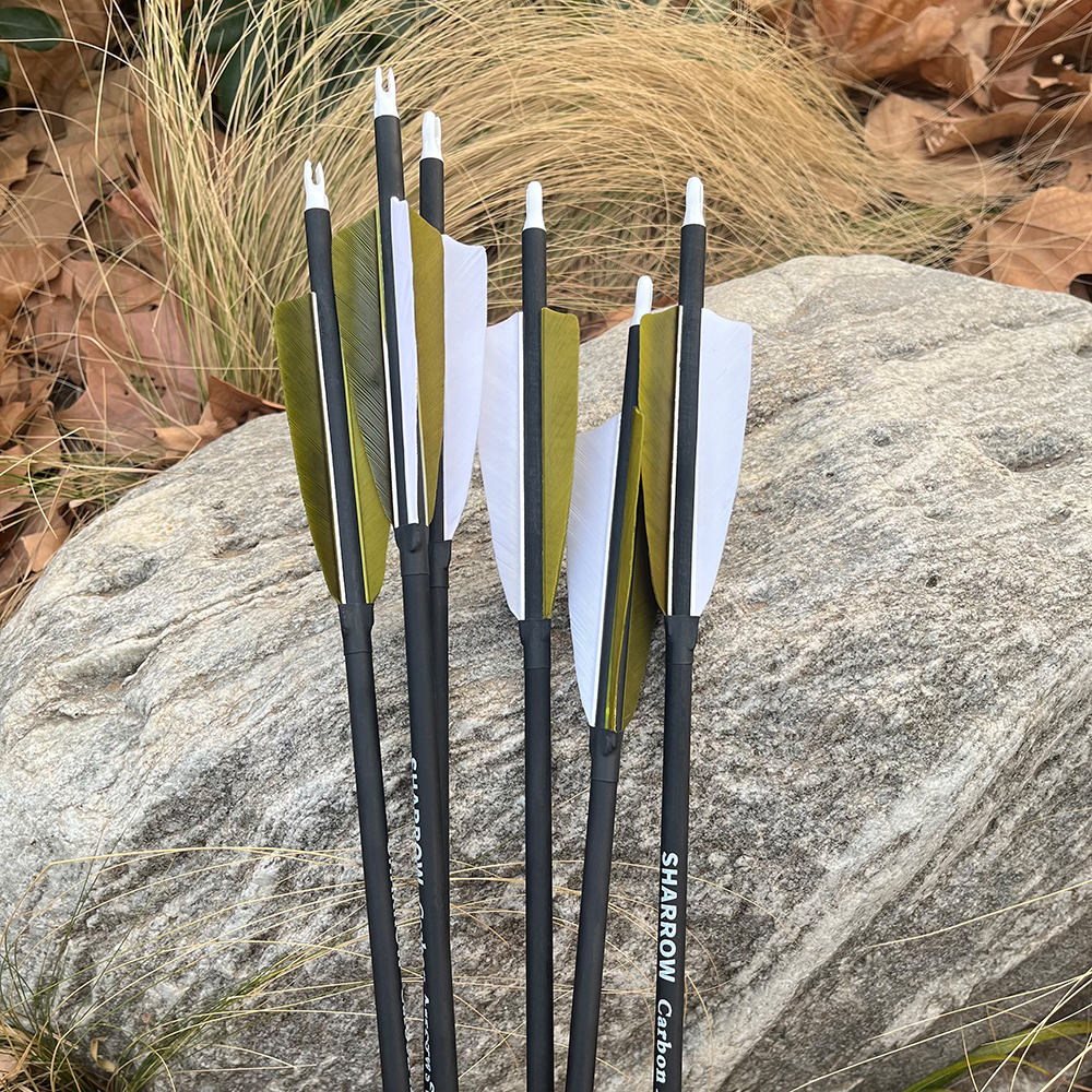 Real Feather Carbon Mixed Arrows 30inch 500 Spine with 4-inch Shield Fletching – Target Practice Archery