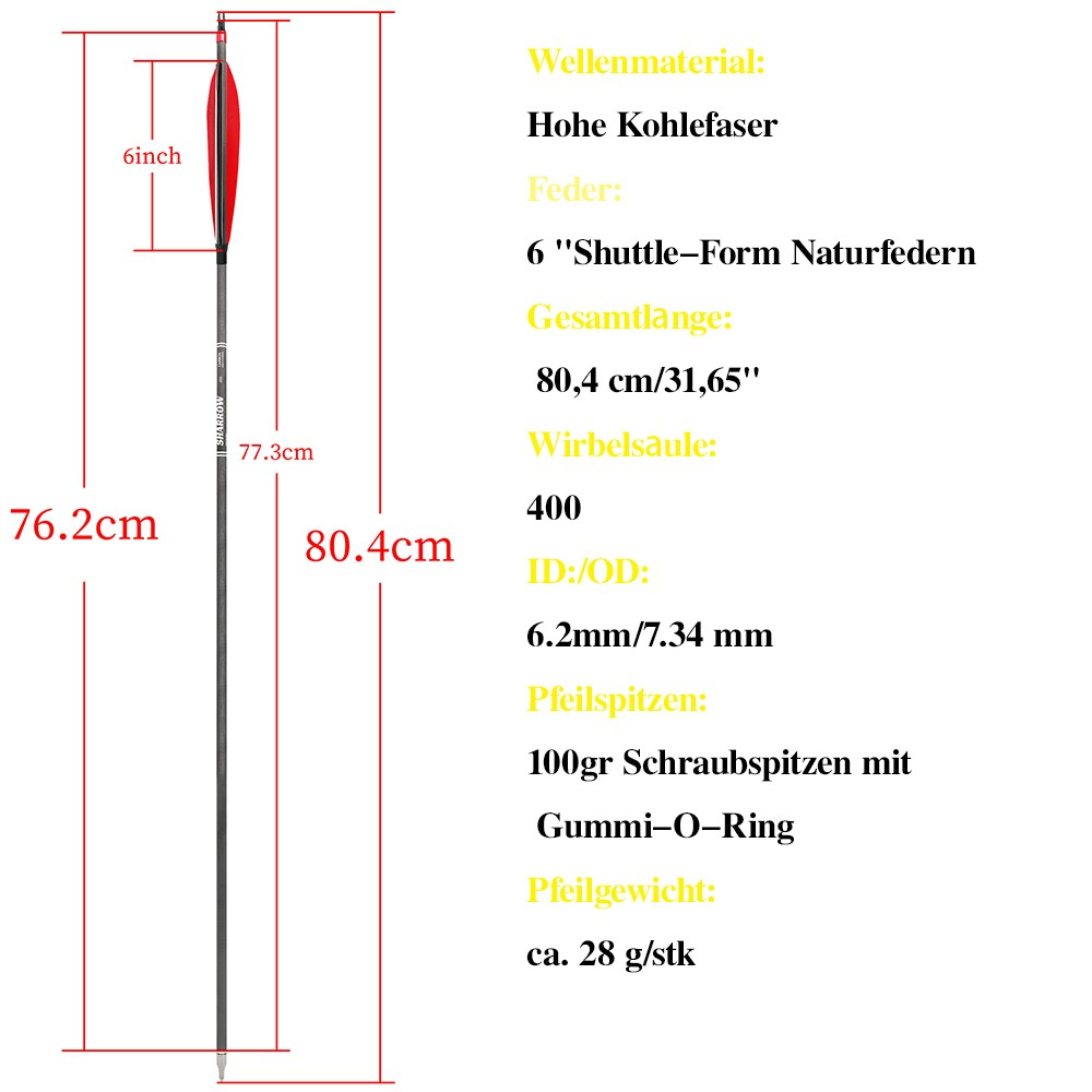 6" Shuttle Feathers Mixed Carbon Arrows HX Series – 6/12pcs